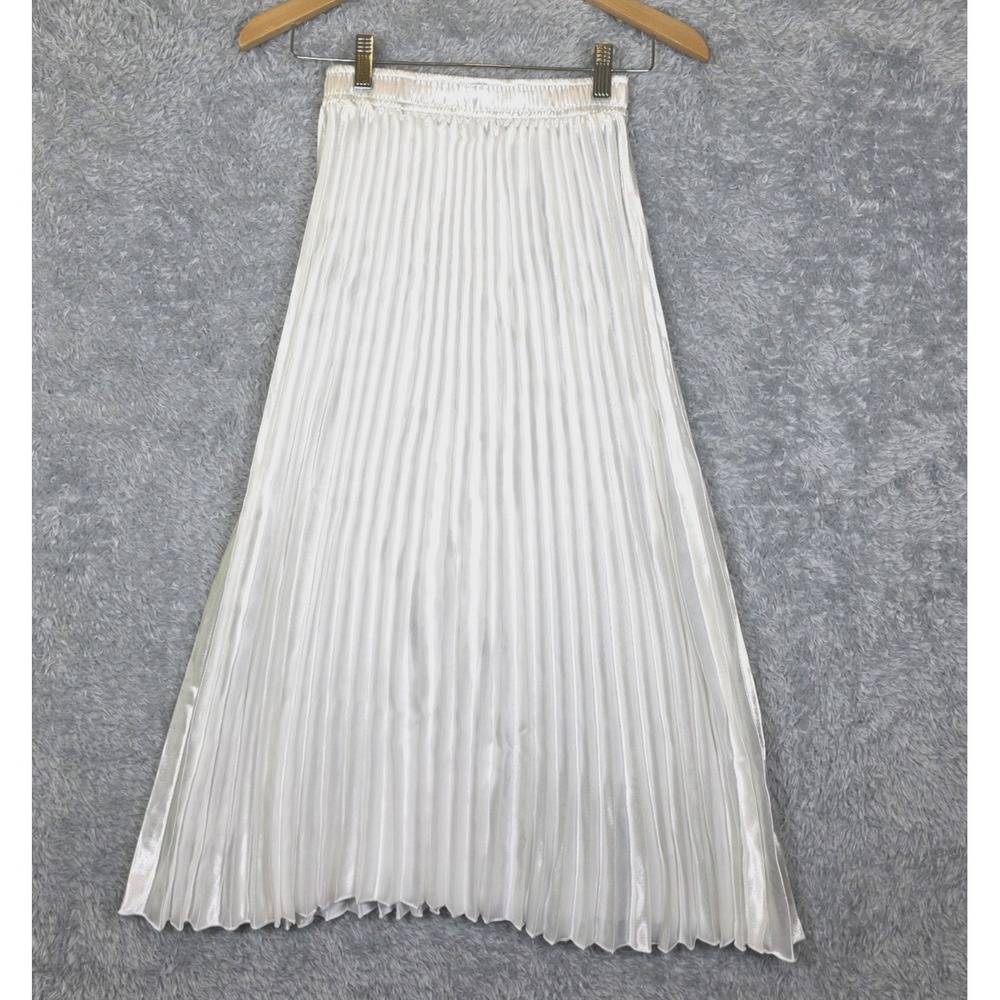 Liquid Satin Bright White Pleated Midi Skirt High Waist Retro Cottagecore Small